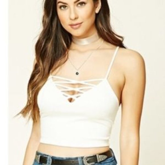 Forever 21 Women's V-Neck Lattice Front Rear Zip Crop Top, Size Small, White - Picture 5 of 5